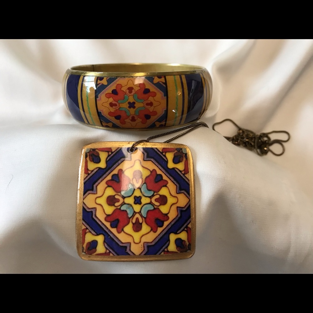 Retro Art Deco Pendant & Bracelet Set, Blue/Gold Multi